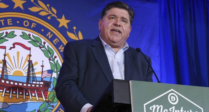 Illinois Gov. JB Pritzker speaks during the McIntyre-Shaheen 100 Club Dinner, Sunday April 27, 2025, in Manchester, N.H. (AP Photo/Reba Saldanha)