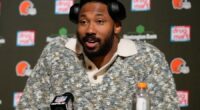 FILE - Cleveland Browns defensive end Myles Garrett speaks during a news conference after an NFL football game against the Miami Dolphins Sunday, Dec. 29, 2024, in Cleveland. (AP Photo/Sue Ogrocki, File)