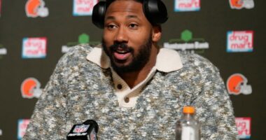 FILE - Cleveland Browns defensive end Myles Garrett speaks during a news conference after an NFL football game against the Miami Dolphins Sunday, Dec. 29, 2024, in Cleveland. (AP Photo/Sue Ogrocki, File)