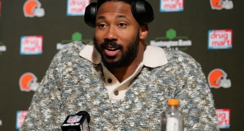 FILE - Cleveland Browns defensive end Myles Garrett speaks during a news conference after an NFL football game against the Miami Dolphins Sunday, Dec. 29, 2024, in Cleveland. (AP Photo/Sue Ogrocki, File)