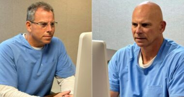 Menendez brothers appearing via video conference at a parole hearing.
