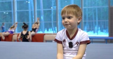 Vladimir Putin's six-year-old son in a gymnastics gym.