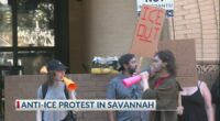 'ICE out of Savannah' rally on the steps of the old courthouse