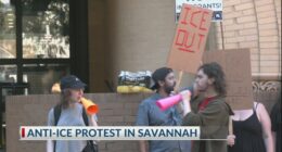 'ICE out of Savannah' rally on the steps of the old courthouse