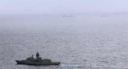 The HMAS Arunta, left, shadows the People's Liberation Army-Navy Jiangkai-class frigate Hengyang and a Fuchi-class replenishment vessel in the Tasman Sea, on Feb. 13, 2025.