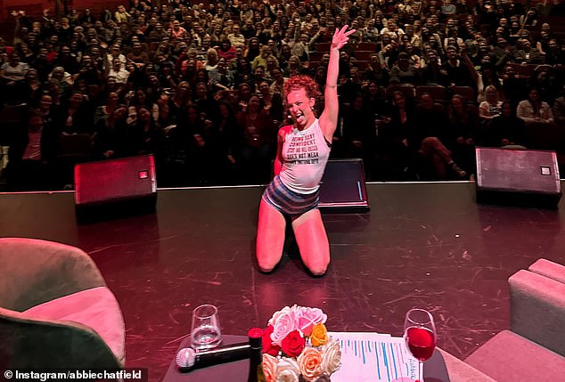 Abbie Chatfield has taken to her social media to share a series of raunchy snaps from her live stand-up comedy stage show, which recently finished playing across Australia and New Zealand. Pictured on stage in Wellington