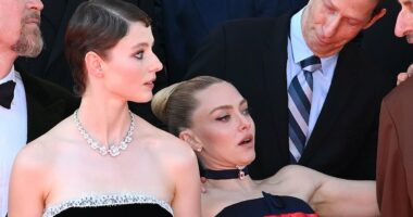 Amanda Seyfried suffers a tumble at The Testament of Ann Lee premiere
