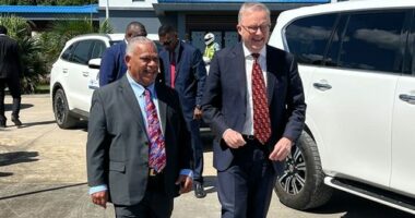 Prime Minister Anthony Albanese and Vanuatu counterpart Jotham Napat in Port Vila on September 9, 2025.
