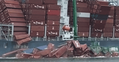 Containers falling off a cargo ship in California