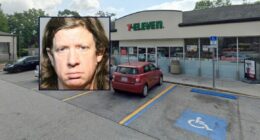 Mike Whigham appears in a booking photo inset against an image of the 7-Eleven where he works in Florida.