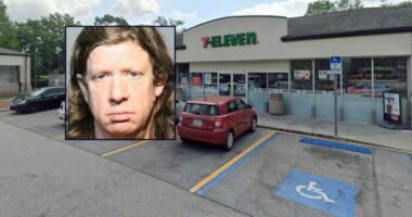 Mike Whigham appears in a booking photo inset against an image of the 7-Eleven where he works in Florida.