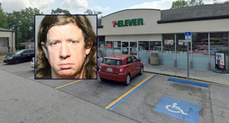 Mike Whigham appears in a booking photo inset against an image of the 7-Eleven where he works in Florida.