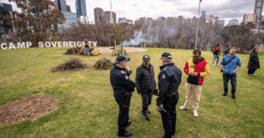 Camp Sovereignty in Kings Domain where people who had just finished performing and observing a weekly ceremony and celebration of culture were attacked by Neo-Nazi's after the March for Australia event.