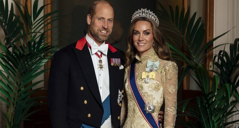 Kate's a golden girl! Princess wows in a lace gown and Diana's tiara as she joins Prince William at lavish state banquet for the Trumps