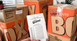 Image of lottery ticket with moving boxes.