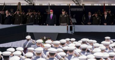 President Trump stands alongside Lieutenant General Steven W. Gilland during the United States Military Academy commencement ceremonies in West Point, N.Y., on May 24, 2025. (Adam Gray, Associated Press)