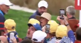 Moment Rory McIlroy's wife Erica is hit by a drink at Ryder Cup