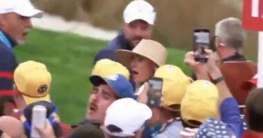 Moment Rory McIlroy's wife Erica is hit by a drink at Ryder Cup