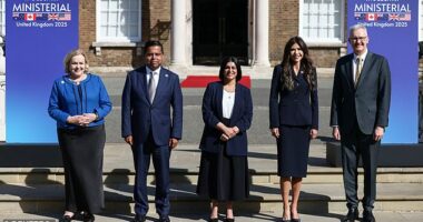 Home Secretary Shabana Mahmood, centre, poses with U.S. Homeland Security Secretary Kristi Noem, Canada's Public Safety Minister Gary Anandasangaree, Australia's Home Affairs Minister Tony Burke and New Zealand's Attorney General Judith Collins at the opening of a "Five Eyes" security alliance summit in central London