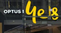 An Optus phone sign hangs above its store in Sydney