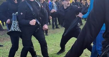 Thomas Sewell (right) has been charged over allegedly storming an Indigenous camp in Melbourne at the weekend