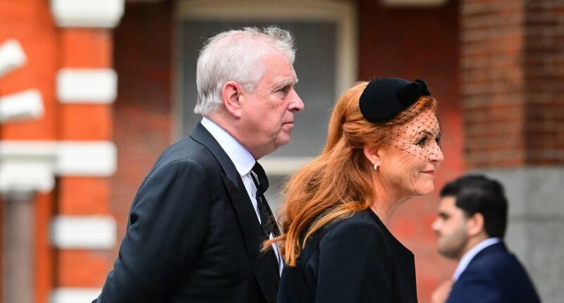 Prince Andrew attends the Duchess of Kent's funeral with Fergie