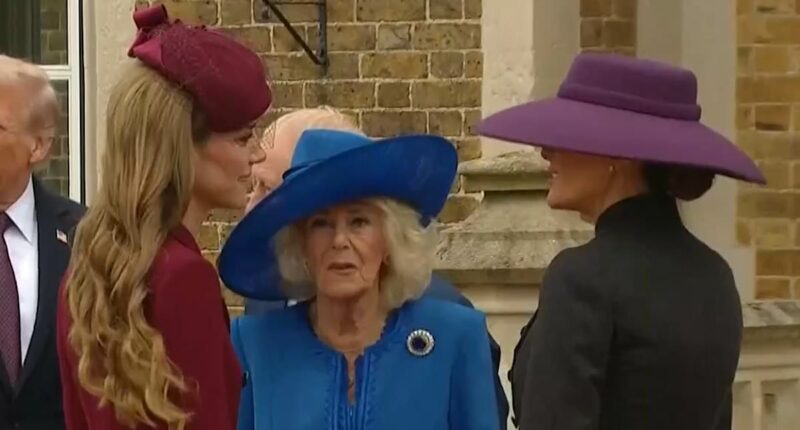 Queen Camilla appears to 'pull rank' as Kate chats animatedly with Melania during State visit - and ushers Princess back towards William