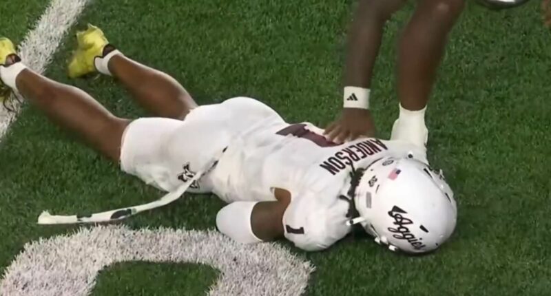 Texas A&M star Bryce Anderson knocked out cold after brutal collision