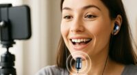 These earbuds include a tiny wired microphone you can hold