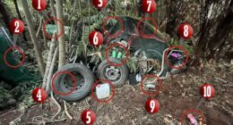 What police found at Tom Phillips's campsite: 1. Fuel drum 2. Concealed quad bike 3. Camouflage netting 4. Spare wheels 5. Water container 6. Two cans of Sprite 7. Concealed motorcycle 8. Children's lunch box and water bottle 9. Steel mug 10. Crushed Coke can