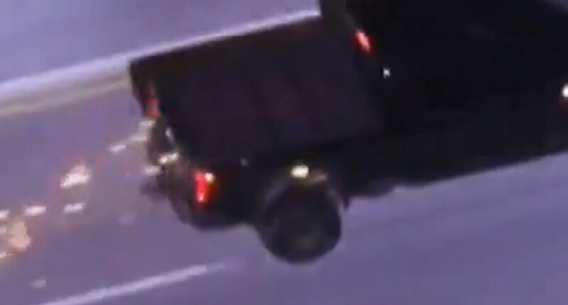 Truck loses tire and sparks fly in hour-long car chase