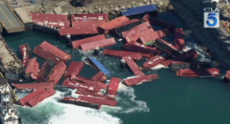 Video: Dozens of cargo containers spill into California port