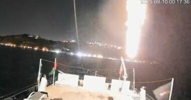 British-flagged boat in Greta Thunberg's 'freedom flotilla' is 'hit by drone' - just 24 hours after another vessel went up in flames in 'firebomb attack'