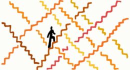 An illustration showing a person climbing a zigzagging staircase among many colourful, winding paths.