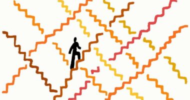 An illustration showing a person climbing a zigzagging staircase among many colourful, winding paths.