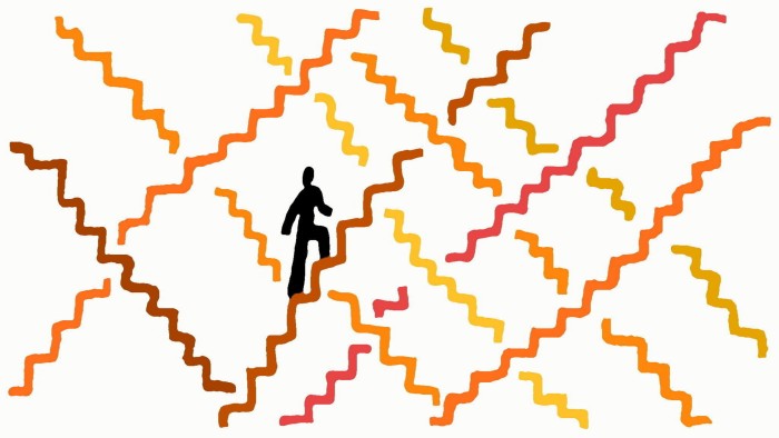 An illustration showing a person climbing a zigzagging staircase among many colourful, winding paths.
