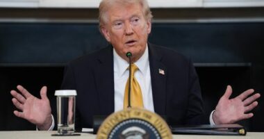President Donald Trump answers questions from reporters during a roundtable on criminal cartels in the State Dining Room of the White House