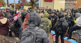 GIF of agents clashing with protesters in Portland at an ICE facility