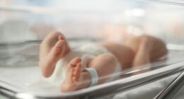Cute Little Caucasian Newborn Baby Lying in Bassinet in a Maternity Hospital. Portrait of a Tiny Playful and Energetic Child with a Name ID Tag on the Leg. Healthcare, Pregnancy and Motherhood Concept