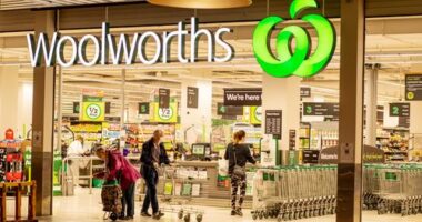 Sydney, Australia 2021-01-07: Exterior view of Woolworths Miranda supermarket during the COVID-19 pandemic lockdown