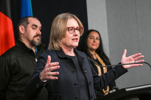 The treaty legislation is being introduced into state parliament on Tuesday. Premier Jacinta Allan and Minister for Aboriginal Affairs Natalie Hutchins with First Peoples' Assembly co-chairs Ngarra Murray and Rueben Berg at a press conference to speak about the legislation.