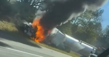 Eight killed in fiery crash after 'tailgating' truck plows into van