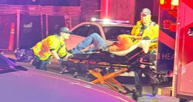 Ex-NFL star Mark Sanchez and 'stab victim', 69, are wheeled away from bloody crime scene on gurneys in shocking new video
