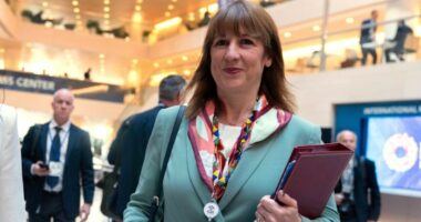 Rachel Reeves walks inside the IMF headquarters holding a folder, wearing a teal suit and colourful scarf, during the G20 meeting.