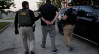 U.S. Immigration and Customs Enforcement agents make an arrest during an early morning operation in Park Ridge, Ill., Friday, Sept. 19, 2025. (AP Photo/Erin Hooley)