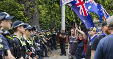 Protestors at the March for Australia rally in Melbourne. Photograph by Paul Jeffers The Age NEWS 19 Oct 2025