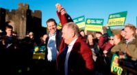 Rhun ap Iorwerth lifts Lindsay Whittle’s arm in celebration, surrounded by supporters holding Plaid Cymru signs.