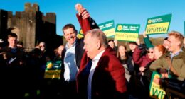 Rhun ap Iorwerth lifts Lindsay Whittle’s arm in celebration, surrounded by supporters holding Plaid Cymru signs.