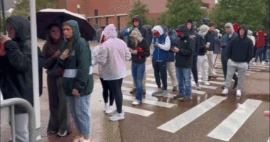 Massive crowds line up in the rain at Ole Miss for Turning Point USA event with VP Vance, Erika Kirk