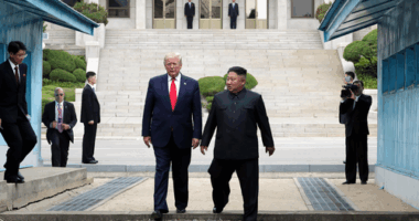 PANMUNJOM, SOUTH KOREA - JUNE 30: (SOUTH KOREA OUT): A handout photo provided by Dong-A Ilbo of North Korean leader Kim Jong Un and U.S. President Donald Trump inside the demilitarized zone (DMZ) separating the South and North Korea on June 30, 2019 in Panmunjom, South Korea.